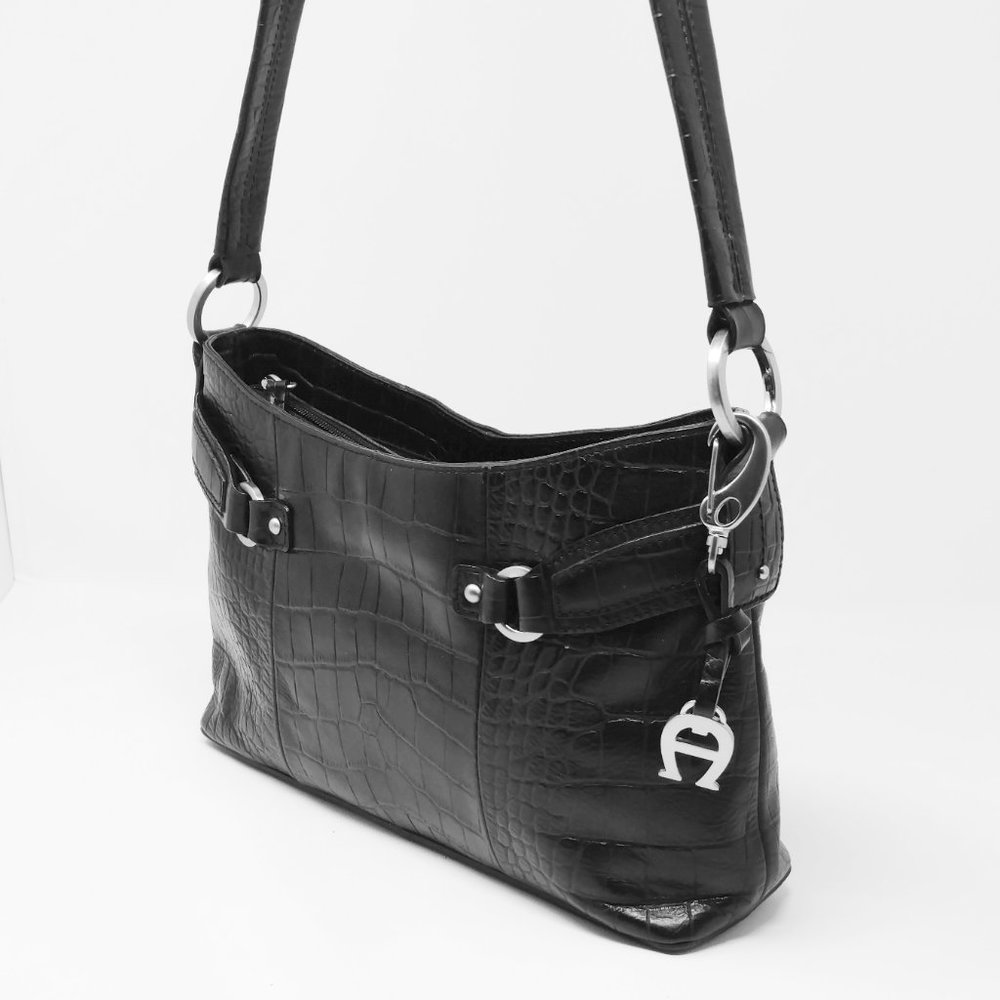 Aigner Shoulder Bag Black Leather Croc Embossed